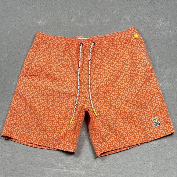 Psycho Bunny Swim Trunks Mens L Orange Geometric Checkered Preppy Summer No Line - Picture 1 of 12
